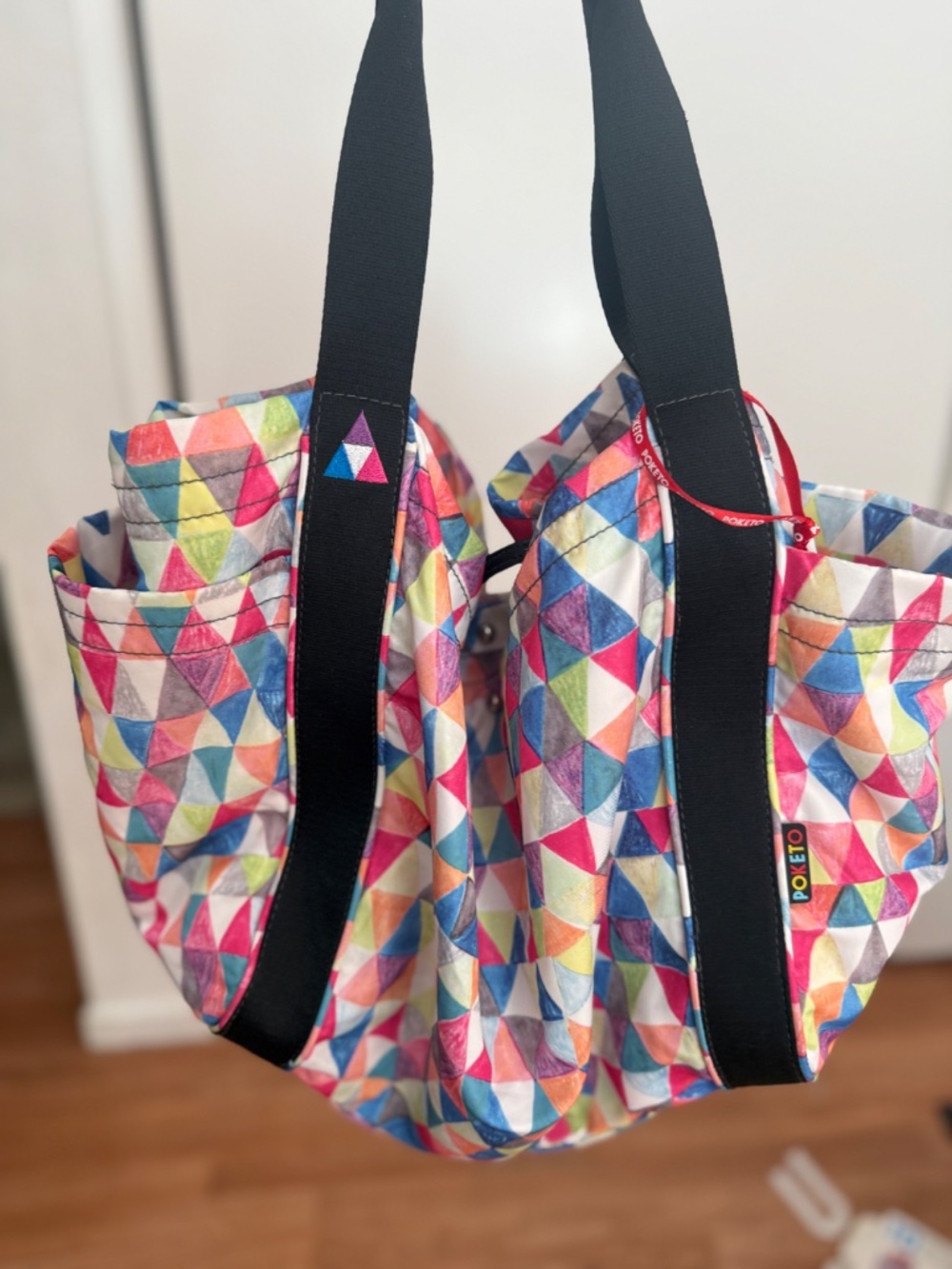 Poketo Canvas Tote Bag Multicolor Triangle Geometric Print Snap Closure Hobo